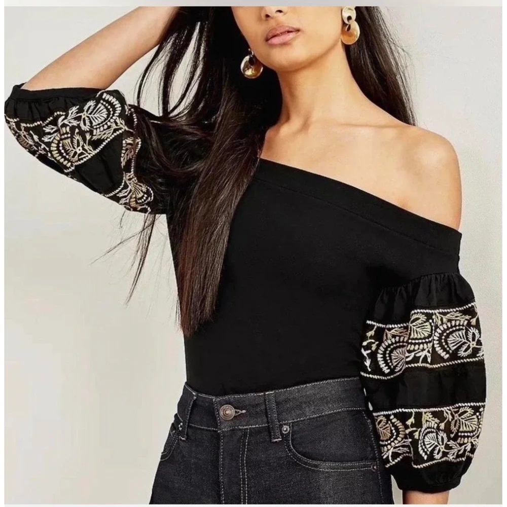 Free People Rock With It Off-The-Shoulder Embroidered Puff Sleeve Top Black S